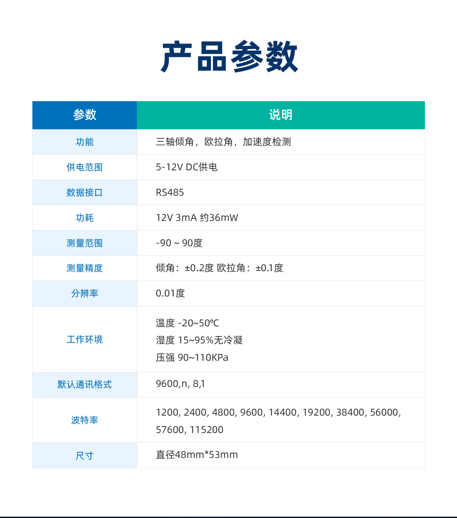 傾角傳感器產品參數(shù)