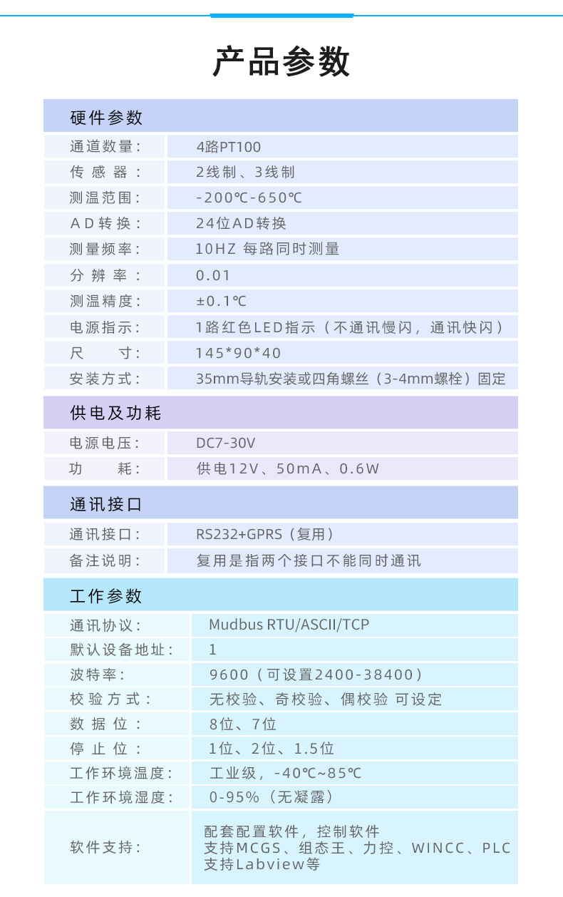 云平臺 DAM0404PT GPRS版  溫度采集模塊產(chǎn)品參數(shù)
